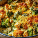 Healthy chicken and broccoli casserole served on a plate with fresh herbs on top.