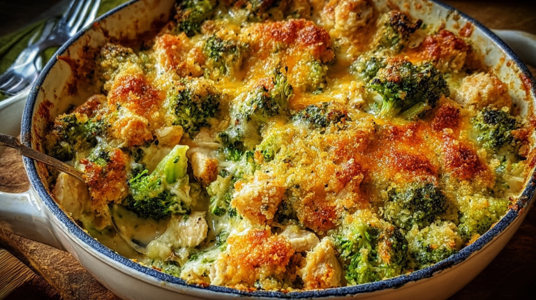 Healthy chicken and broccoli casserole served on a plate with fresh herbs on top.