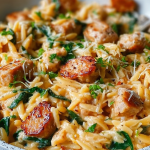 Creamy chicken sausage orzo dish with fresh parsley and lemon zest in a rustic bowl.