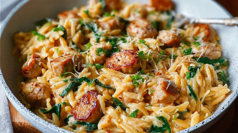 Creamy chicken sausage orzo dish with fresh parsley and lemon zest in a rustic bowl.