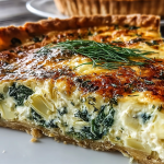 Sliced spinach artichoke quiche on a wooden table, displaying creamy filling and fresh spinach leaves.