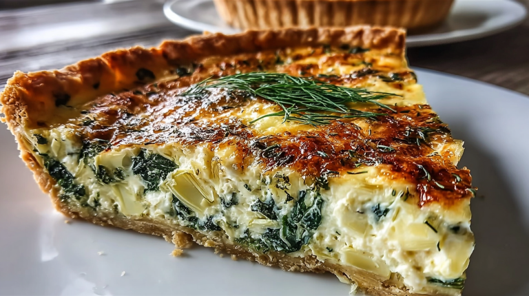 Sliced spinach artichoke quiche on a wooden table, displaying creamy filling and fresh spinach leaves.