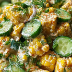 Vibrant street corn creamy cucumber salad with cilantro and lime on a wooden table.