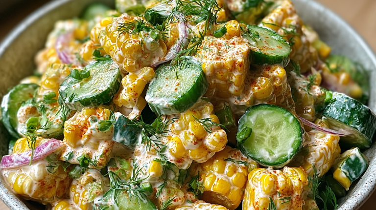 Vibrant street corn creamy cucumber salad with cilantro and lime on a wooden table.