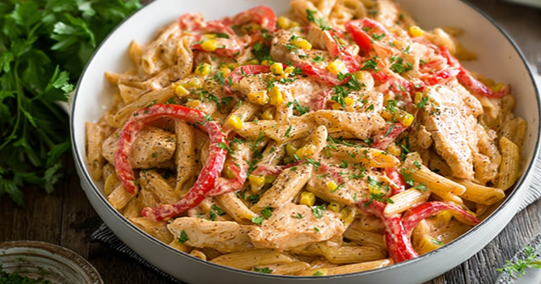 Delicious Cajun Chicken Pasta in a bowl topped with parsley and colorful bell peppers