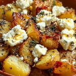 Close-up of healthy baked feta potatoes with tomatoes and basil on a wooden table.