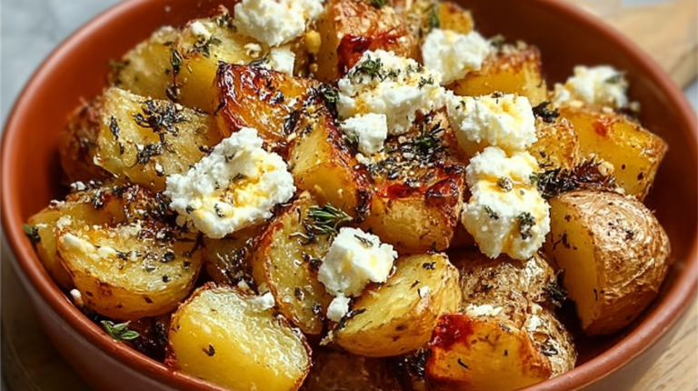 Close-up of healthy baked feta potatoes with tomatoes and basil on a wooden table.
