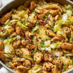 Delicious chicken and cabbage stir fry with vibrant colors and garnished with green onions.