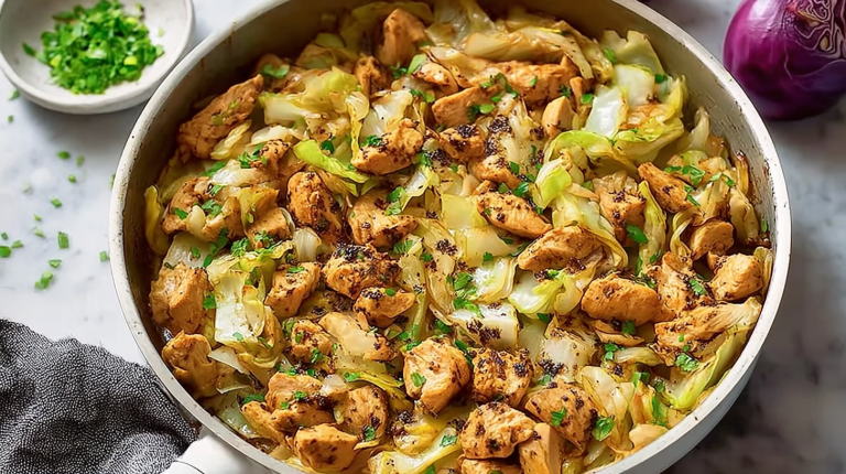 Delicious chicken and cabbage stir fry with vibrant colors and garnished with green onions.
