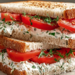Close-up of a homemade tomato sandwich with cream cheese spread and fresh herbs on whole-wheat bread.