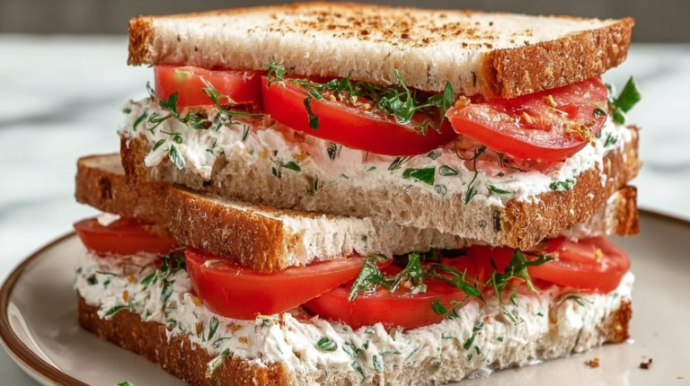 Close-up of a homemade tomato sandwich with cream cheese spread and fresh herbs on whole-wheat bread.
