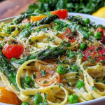 Bowl of creamy pasta primavera with asparagus, snap peas, and cherry tomatoes topped with fresh basil