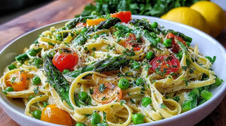 Bowl of creamy pasta primavera with asparagus, snap peas, and cherry tomatoes topped with fresh basil
