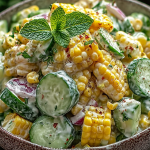 Bow of Street Corn Creamy Cucumber Salad on a picnic table, featuring corn kernels, diced cucumber, cherry tomatoes, and feta cheese.
