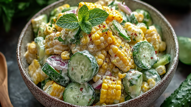 Bow of Street Corn Creamy Cucumber Salad on a picnic table, featuring corn kernels, diced cucumber, cherry tomatoes, and feta cheese.