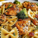 Plated Cowboy Butter Lemon Bowtie Chicken garnished with fresh herbs and served with broccoli and lemon wedge.