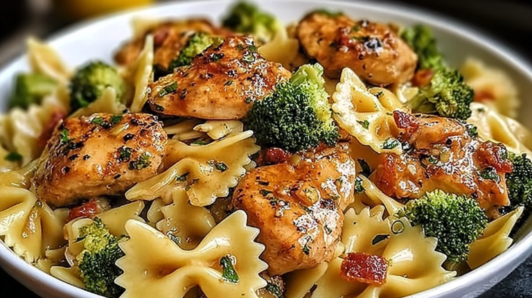 Plated Cowboy Butter Lemon Bowtie Chicken garnished with fresh herbs and served with broccoli and lemon wedge.