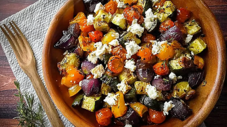 Plate of roasted vegetables with feta cheese on a wooden table.