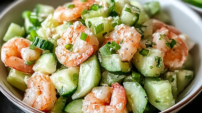 A vibrant cucumber shrimp salad with dill and lime on a wooden table, showcasing fresh ingredients and a creamy dressing.