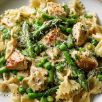Chicken Pasta Primavera with colorful fresh vegetables and creamy sauce, served in a bowl.