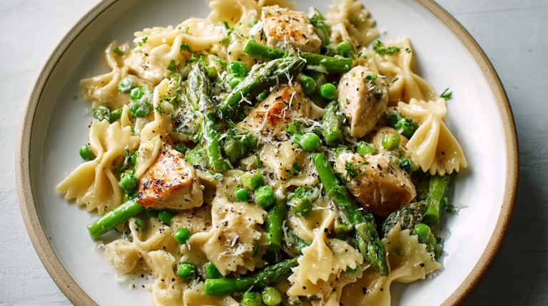Chicken Pasta Primavera with colorful fresh vegetables and creamy sauce, served in a bowl.