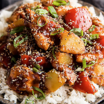 Sweet Hawaiian Crockpot Chicken served over rice with green onions and sesame seeds in a tropical setting.