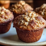 Freshly baked healthy apple cinnamon Greek yogurt muffins on a wooden table with a bowl of cinnamon and diced apples.