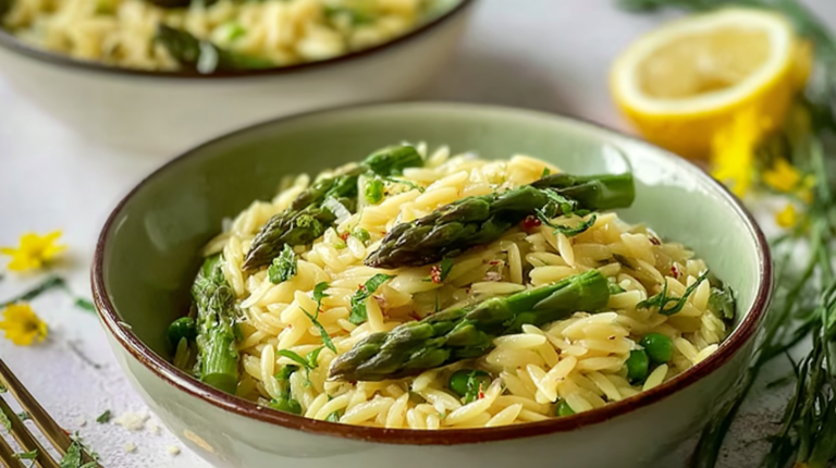 Delicious lemon orzo with asparagus, crumbled feta cheese, and fresh parsley in a bowl.