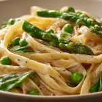 Creamy Spring Fettuccine pasta with asparagus and toasted pine nuts served in a bowl