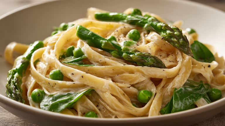Creamy Spring Fettuccine pasta with asparagus and toasted pine nuts served in a bowl