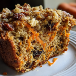 Freshly baked morning glory muffins with nuts and raisins served with a cup of coffee on a wooden table.
