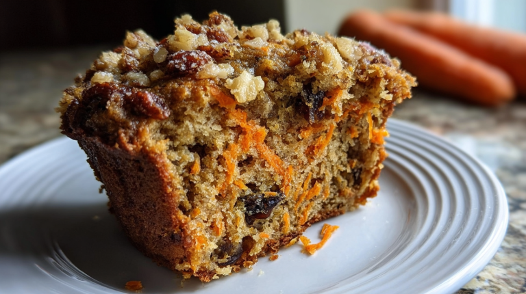 Freshly baked morning glory muffins with nuts and raisins served with a cup of coffee on a wooden table.