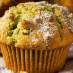 A close-up view of soft and fluffy pistachio muffins on a wooden table with shelled pistachios and a green napkin.