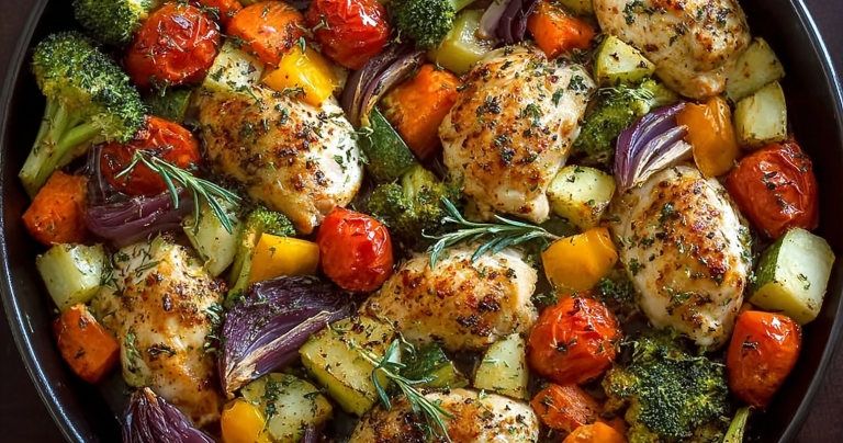 15 Minute Healthy Roasted Chicken with Vegetables on a Rustic Table