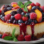 Delicious slice of peach cheesecake topped with fresh peach slices and mint, perfect for summer desserts.