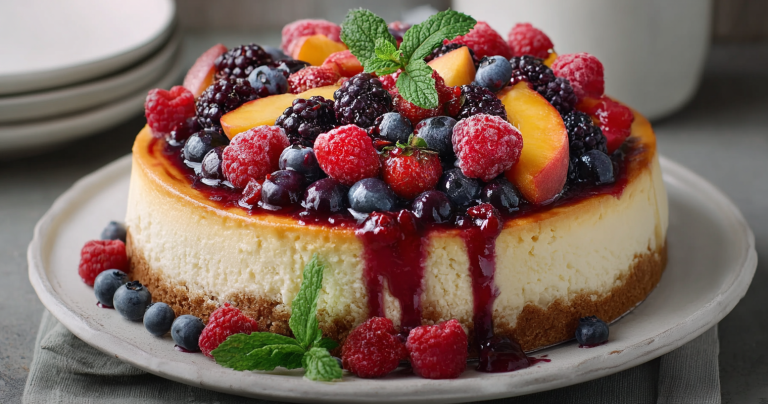 Delicious slice of peach cheesecake topped with fresh peach slices and mint, perfect for summer desserts.