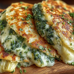 Delicious savory spinach artichoke quesadillas served with a creamy dip and fresh herbs on a wooden table.