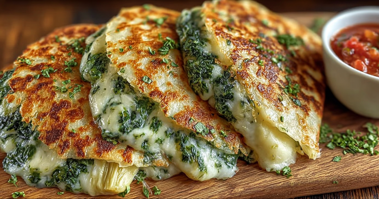 Delicious savory spinach artichoke quesadillas served with a creamy dip and fresh herbs on a wooden table.
