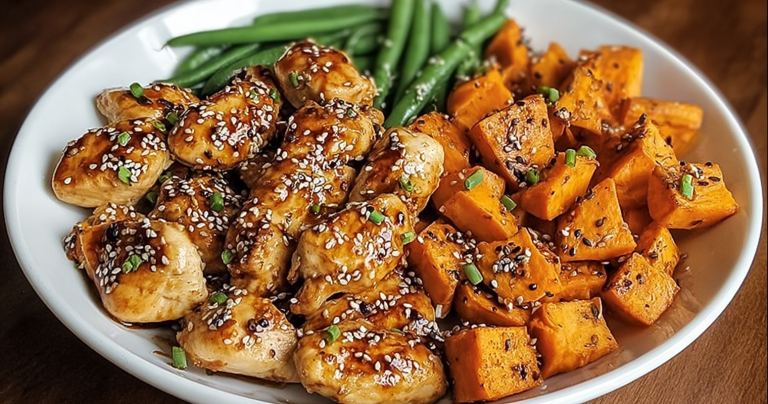 Plated honey garlic chicken with roasted sweet potatoes and green beans, garnished with herbs.