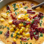 Bowl of sun dried tomato corn chowder with fresh corn, sun dried tomatoes, and goat cheese crouton, perfect for cozy evenings.