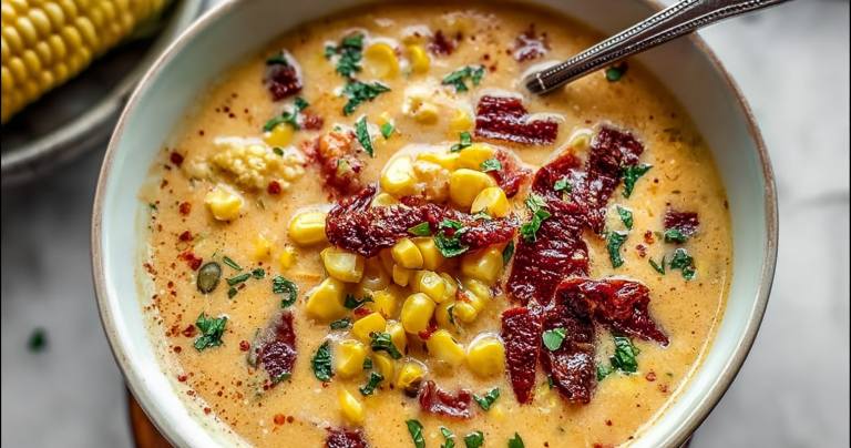 Bowl of sun dried tomato corn chowder with fresh corn, sun dried tomatoes, and goat cheese crouton, perfect for cozy evenings.
