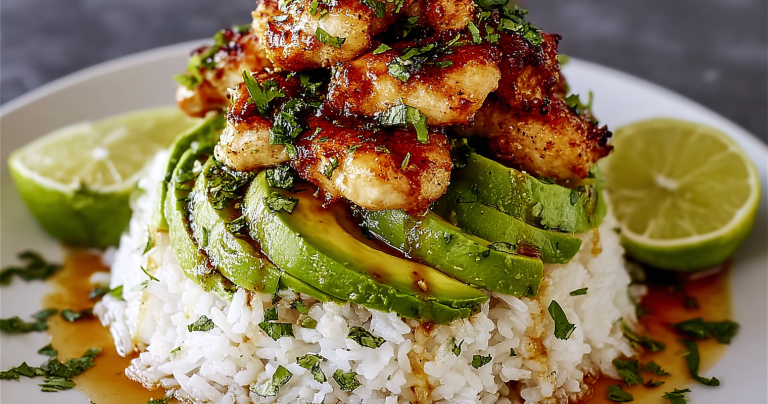 Gluten-free tangy honey lime chicken layered over avocado rice, garnished with fresh cilantro and lime slices on a wooden table.