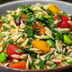 Vibrant spring vegetable orzo salad with fresh greens and lemon slices, served in a rustic bowl.