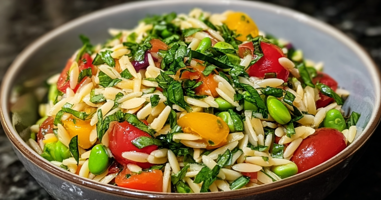 Vibrant spring vegetable orzo salad with fresh greens and lemon slices, served in a rustic bowl.