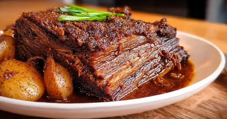 Close-up of sliced slow cooked beef brisket on a wooden cutting board, garnished with herbs.
