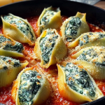 Delicious spinach and ricotta stuffed shells topped with marinara sauce, melted cheese, and fresh basil.