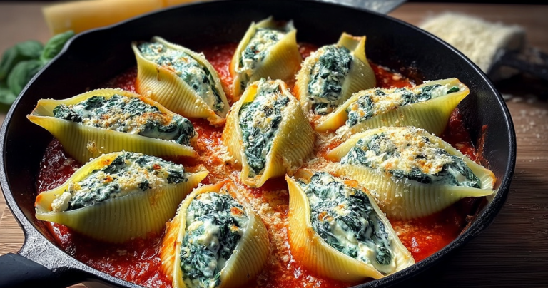 Delicious spinach and ricotta stuffed shells topped with marinara sauce, melted cheese, and fresh basil.