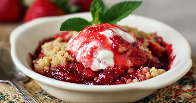 Freshly baked strawberry cobbler in a rustic dish, featuring a golden brown crumble topping and garnished with mint leaves.