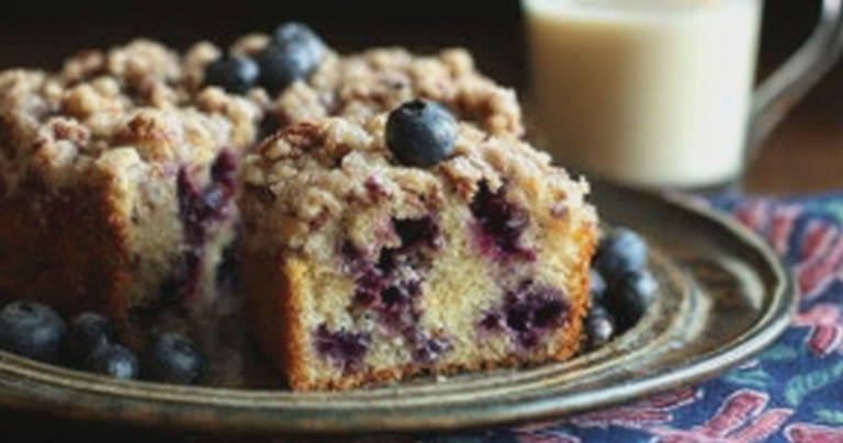 Slice of blueberry pecan crumble coffee cake with fresh blueberries and coffee on a rustic plate