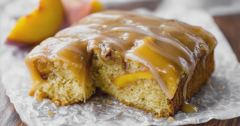 Slice of brown sugar peach cake with fresh peaches and caramel drizzles on a wooden table.